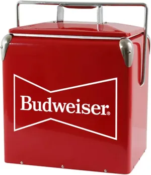 Budweiser Vintage Hard Cooler, Retro Ice Chest with Attached Bottle Opener, Insulated Metal Exterior with Self-Locking Handle, 13L Capacity