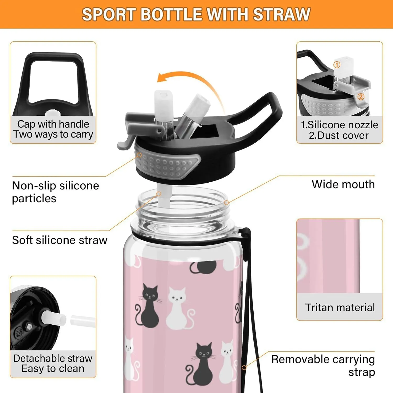 Caikeny Black White Cat Water Bottle with Straw colorful Sports Bottles BPA-Free Tritan Water Jug with Carrying Strap for Women Men Gym