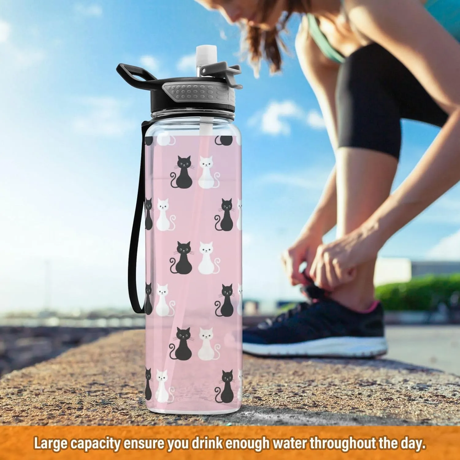 Caikeny Black White Cat Water Bottle with Straw colorful Sports Bottles BPA-Free Tritan Water Jug with Carrying Strap for Women Men Gym