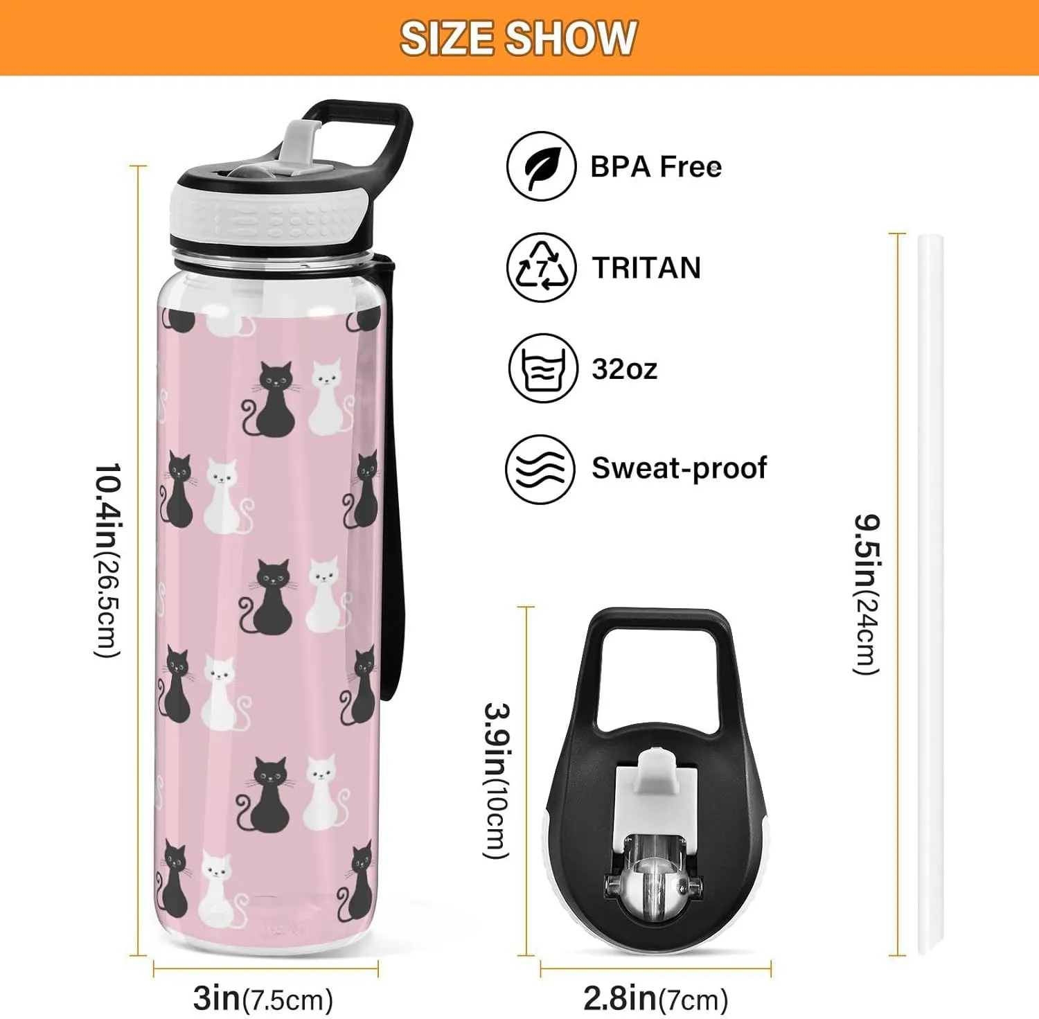 Caikeny Black White Cat Water Bottle with Straw colorful Sports Bottles BPA-Free Tritan Water Jug with Carrying Strap for Women Men Gym