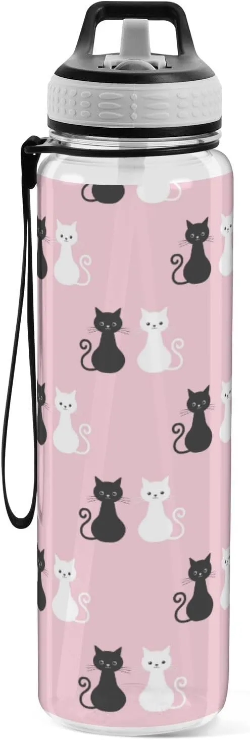 Caikeny Black White Cat Water Bottle with Straw colorful Sports Bottles BPA-Free Tritan Water Jug with Carrying Strap for Women Men Gym