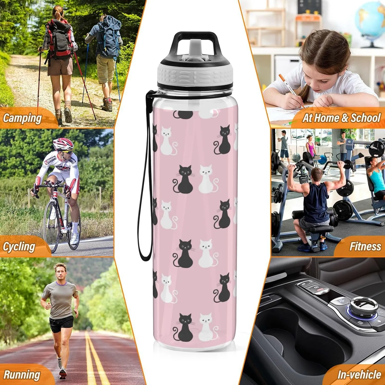 Caikeny Black White Cat Water Bottle with Straw colorful Sports Bottles BPA-Free Tritan Water Jug with Carrying Strap for Women Men Gym