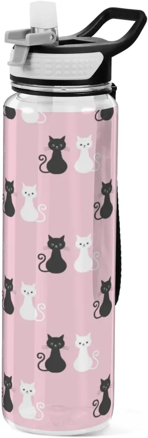 Caikeny Black White Cat Water Bottle with Straw colorful Sports Bottles BPA-Free Tritan Water Jug with Carrying Strap for Women Men Gym