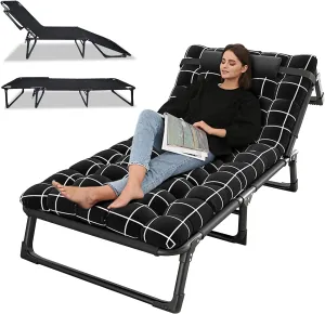 Camping Cot with Sleeping Pad, Portable Folding Steel Cot, 4 Position Adjustable Adults Patio Chaise Lounge Chairs with Pillow for Office Pool Beach (75cm)
