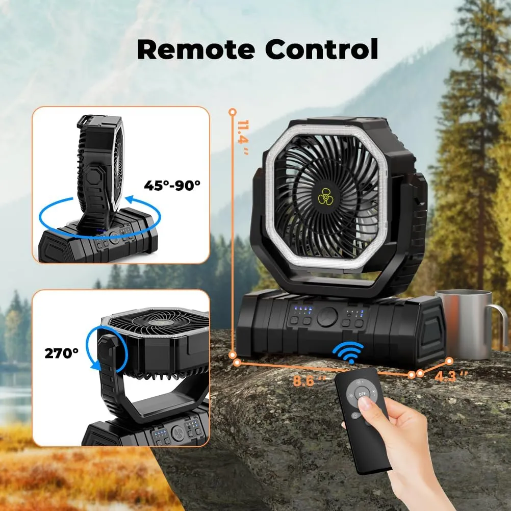 Camping Fan - 20000mAh Battery Powered Fan Rechargeable with LED Lantern - Portable Outdoor Tent Fan with Hanging Hook 4 Speeds Wind Remote Control