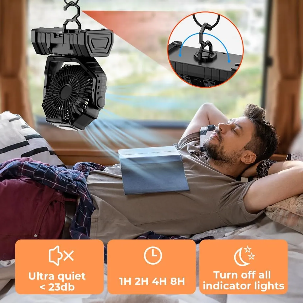 Camping Fan - 20000mAh Battery Powered Fan Rechargeable with LED Lantern - Portable Outdoor Tent Fan with Hanging Hook 4 Speeds Wind Remote Control
