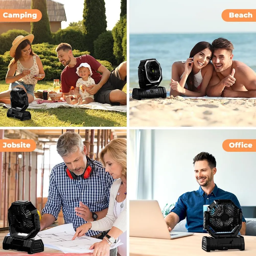 Camping Fan - 20000mAh Battery Powered Fan Rechargeable with LED Lantern - Portable Outdoor Tent Fan with Hanging Hook 4 Speeds Wind Remote Control