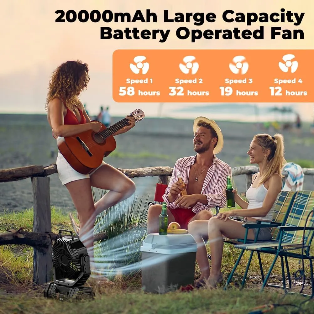 Camping Fan - 20000mAh Battery Powered Fan Rechargeable with LED Lantern - Portable Outdoor Tent Fan with Hanging Hook 4 Speeds Wind Remote Control