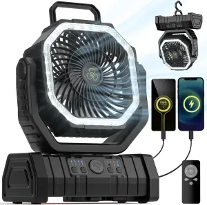 Camping Fan - 20000mAh Battery Powered Fan Rechargeable with LED Lantern - Portable Outdoor Tent Fan with Hanging Hook 4 Speeds Wind Remote Control