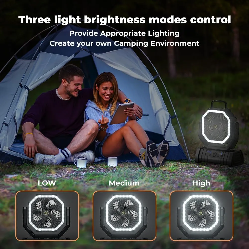 Camping Fan - 20000mAh Battery Powered Fan Rechargeable with LED Lantern - Portable Outdoor Tent Fan with Hanging Hook 4 Speeds Wind Remote Control