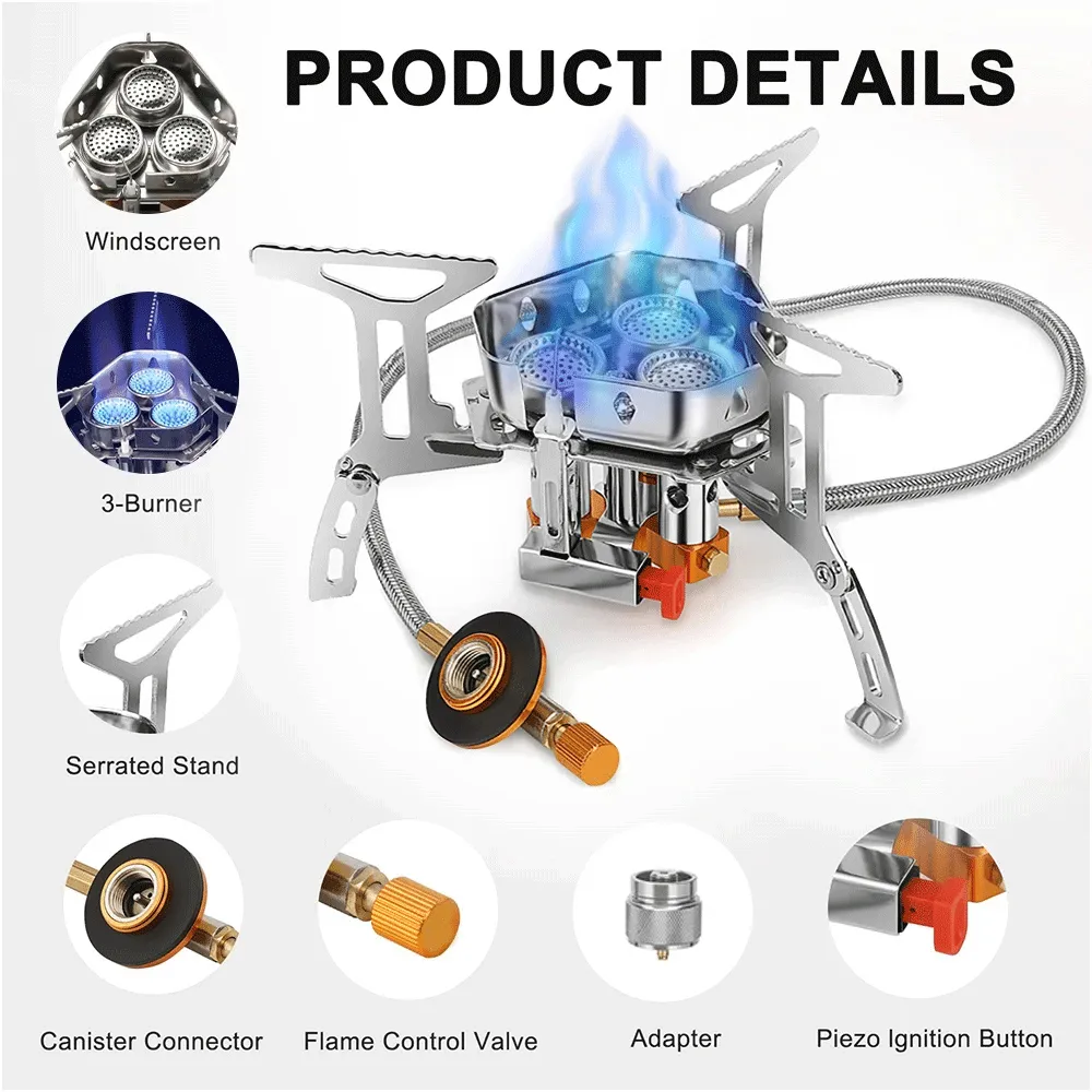 Camping Is Easy® 6800W Windproof Camping Gas Stove, Piezo Ignition, 1lb Propane Canister Adapter, Hard Plastic Case