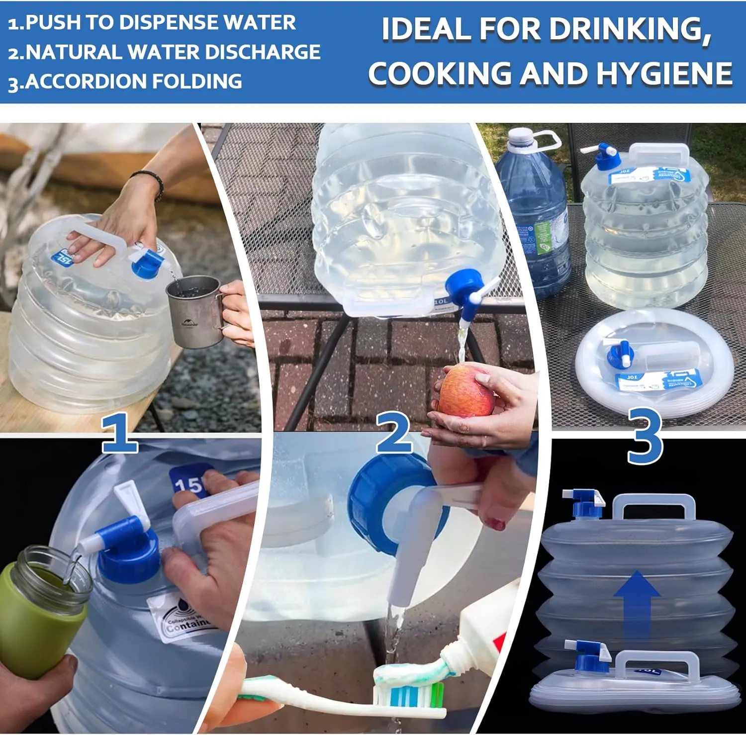 Camping Water Jug with Spigot (2.6 & 4 & 5.3 Gallon), BPA-Free Food-Grade LDPE Collapsible Water Container, Emergency Water Storage with Patented Leak-Proof Design for Hiking, Survival Gear & Outdoor