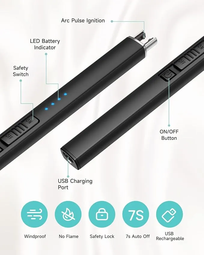 Candle Lighter, Electric Rechargeable Arc Lighter with LED Battery Display Portable USB Charging Flame-Less Windproof Lighters for Light Candles Gas Stoves Camping Barbecue(Black)