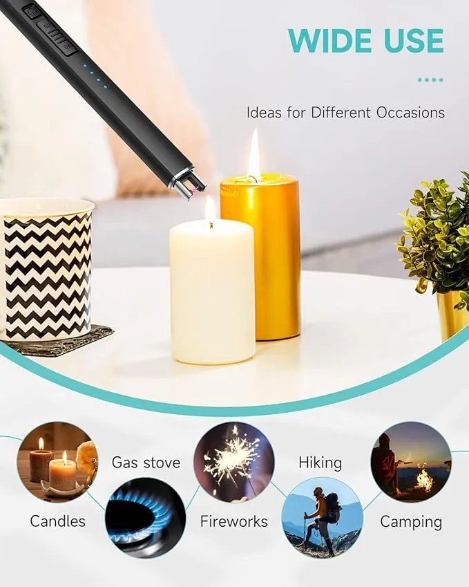 Candle Lighter, Electric Rechargeable Arc Lighter with LED Battery Display Portable USB Charging Flame-Less Windproof Lighters for Light Candles Gas Stoves Camping Barbecue(Black)