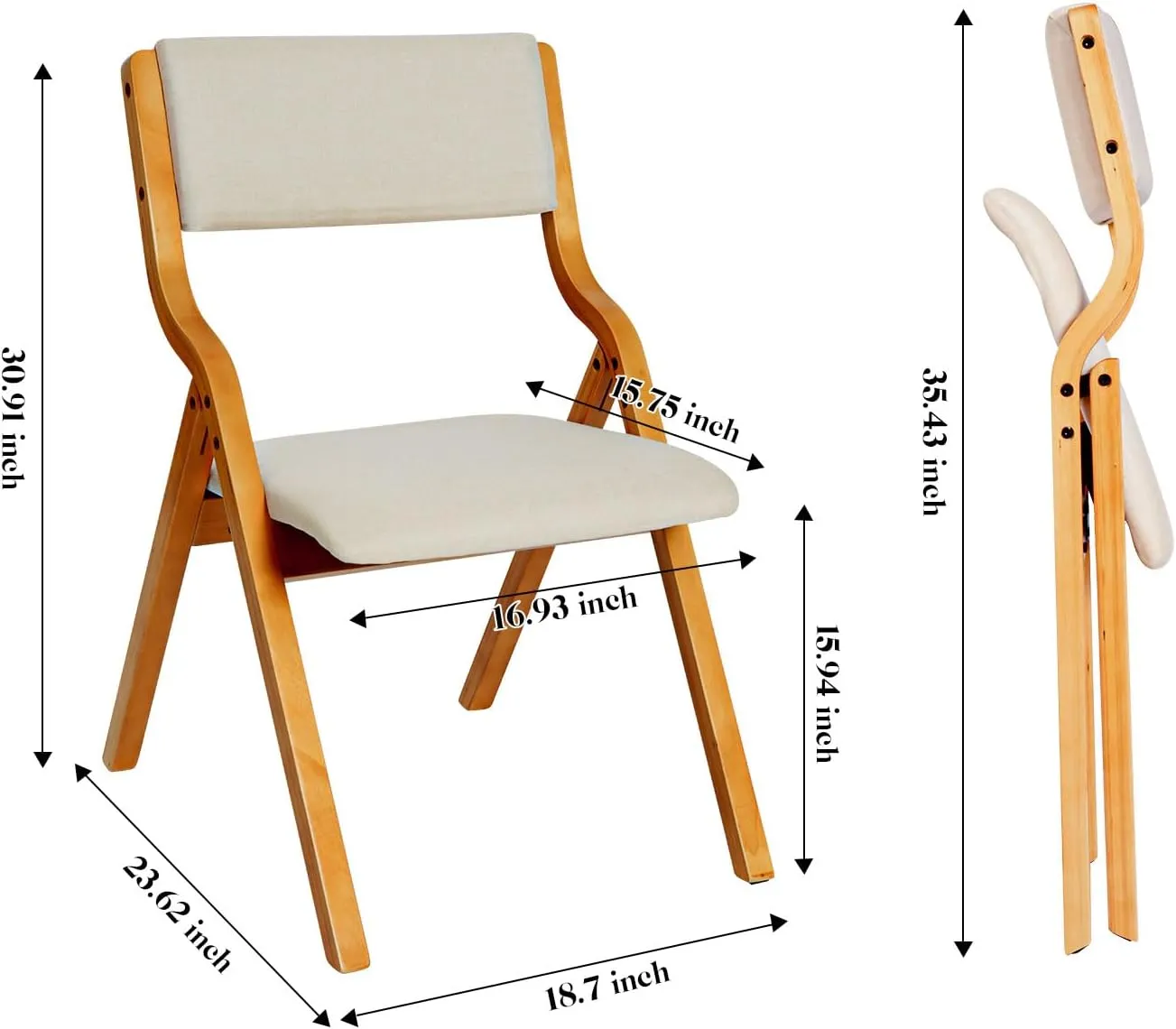 CangLong Padded Foldable Chairs Set of 2 with Solid Wood Frame, Stackable and Assembled Fabric Chair for Kitchen, Wedding and Party, Teak Beige
