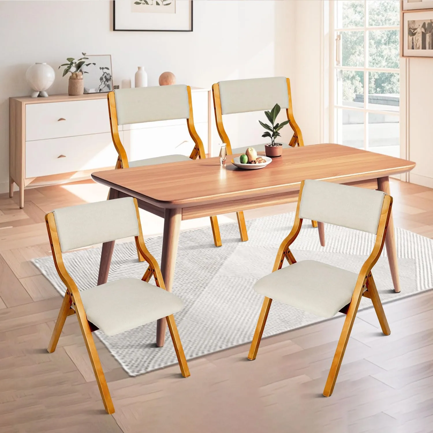 CangLong Padded Foldable Chairs Set of 2 with Solid Wood Frame, Stackable and Assembled Fabric Chair for Kitchen, Wedding and Party, Teak Beige