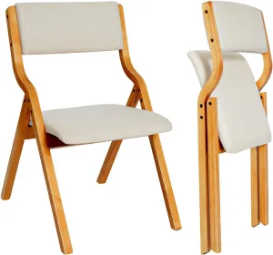 CangLong Padded Foldable Chairs Set of 2 with Solid Wood Frame, Stackable and Assembled Fabric Chair for Kitchen, Wedding and Party, Teak Beige