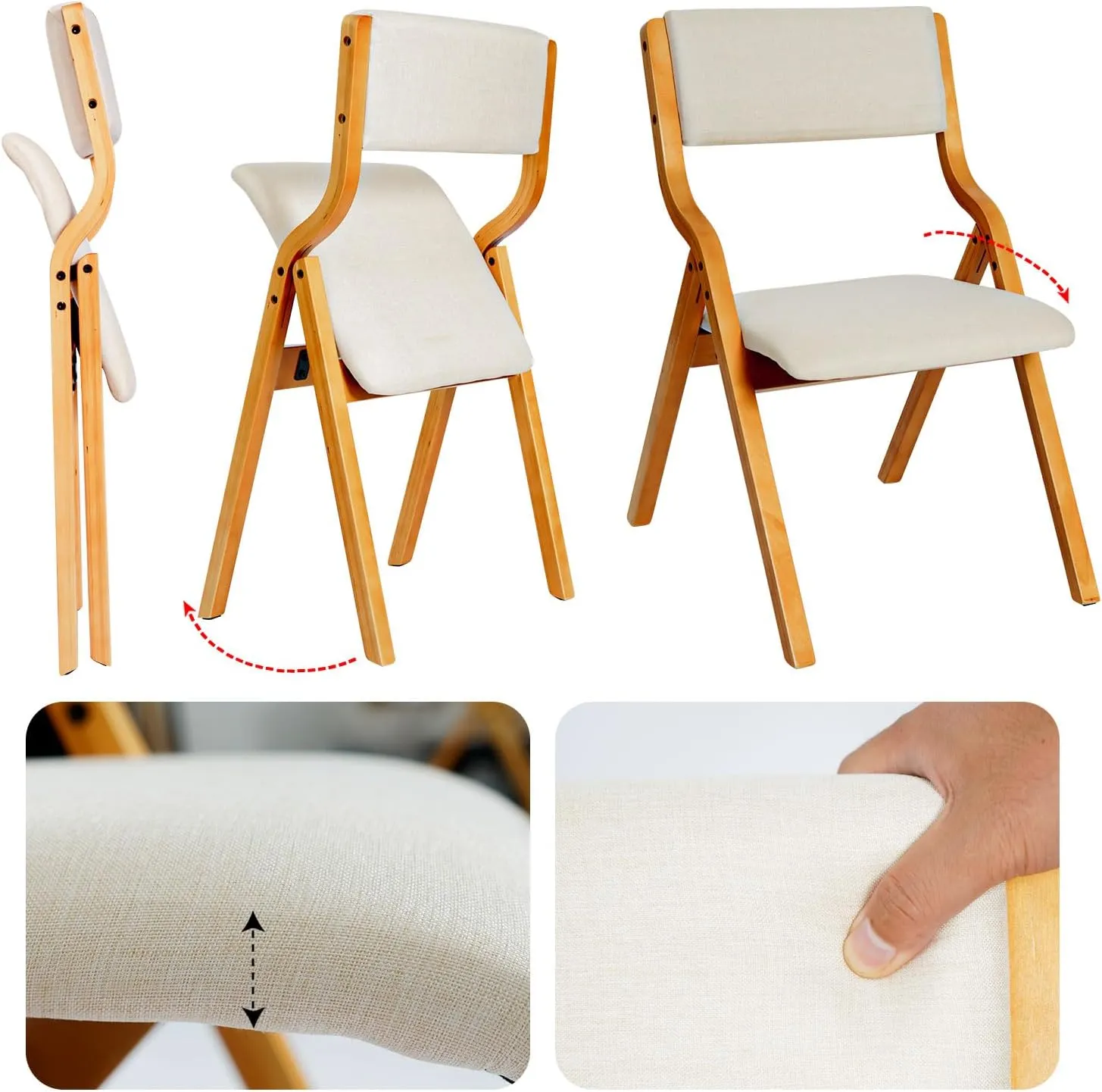 CangLong Padded Foldable Chairs Set of 2 with Solid Wood Frame, Stackable and Assembled Fabric Chair for Kitchen, Wedding and Party, Teak Beige