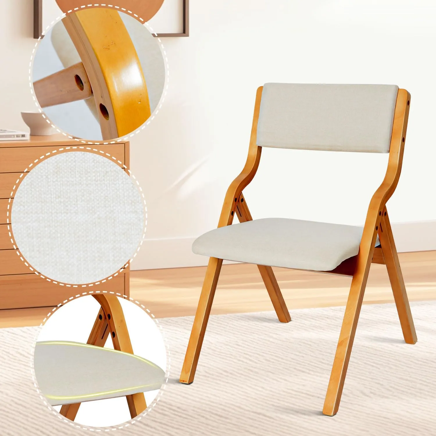 CangLong Padded Foldable Chairs Set of 2 with Solid Wood Frame, Stackable and Assembled Fabric Chair for Kitchen, Wedding and Party, Teak Beige