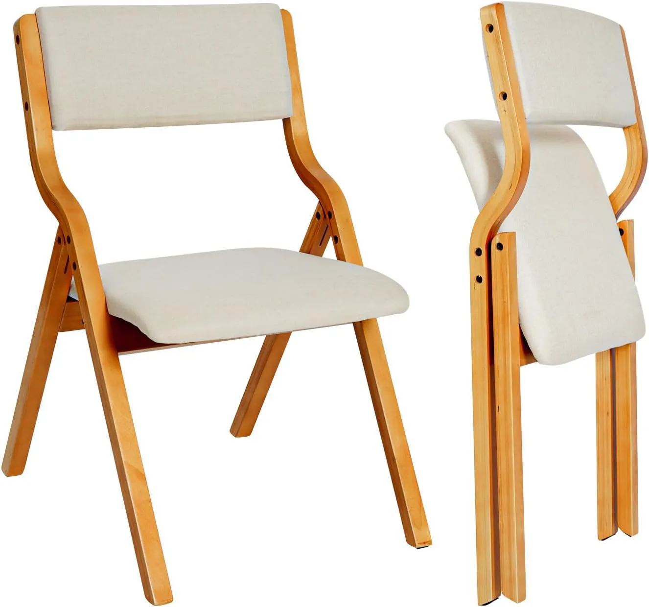 CangLong Padded Foldable Chairs Set of 2 with Solid Wood Frame, Stackable and Assembled Fabric Chair for Kitchen, Wedding and Party, Teak Beige