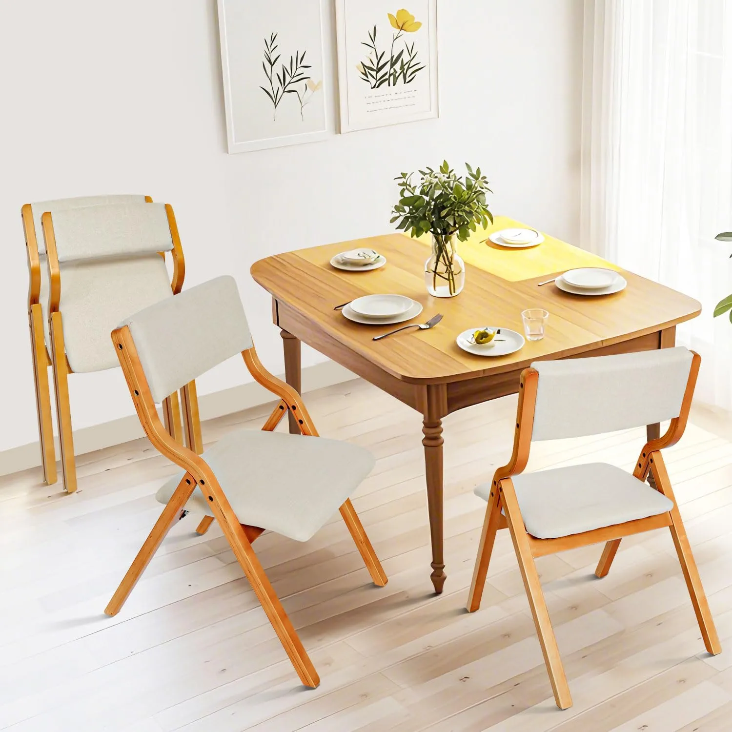 CangLong Padded Foldable Chairs Set of 2 with Solid Wood Frame, Stackable and Assembled Fabric Chair for Kitchen, Wedding and Party, Teak Beige