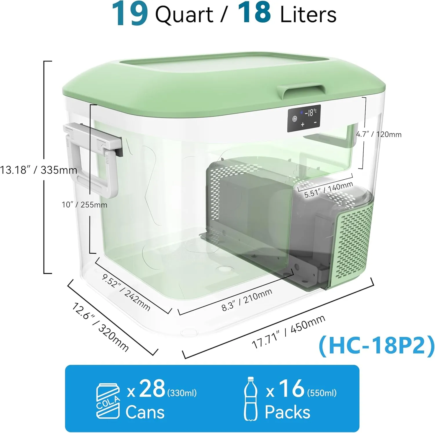 Car Fridge Portable 12V Refrigerator 19 Quart (18 Liter) 12 Volt Freezer Compressor Cooler 12V/24V DC 110～240 V AC for Truck Van RV Camper SUV and Home Use -18℃~ 15℃