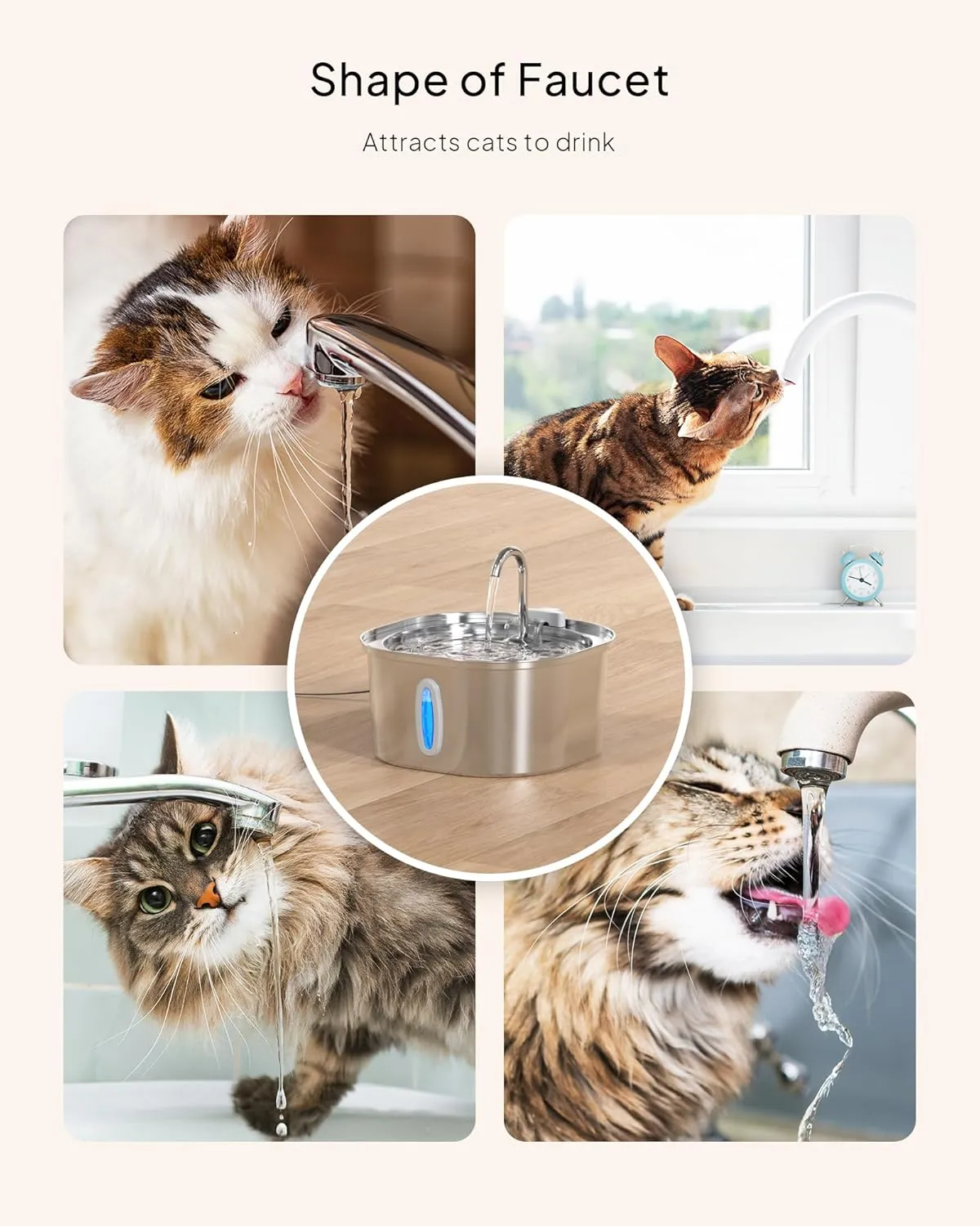 Cat Water Fountain - 3.2L/108oz Stainless Steel Pet Water Drinking Fountain for Cats Indoor, Dog Water Fountain with Water Level Window and 3 Filters   3 Sponges