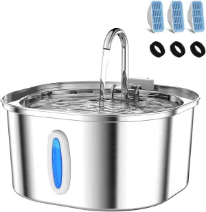 Cat Water Fountain - 3.2L/108oz Stainless Steel Pet Water Drinking Fountain for Cats Indoor, Dog Water Fountain with Water Level Window and 3 Filters   3 Sponges