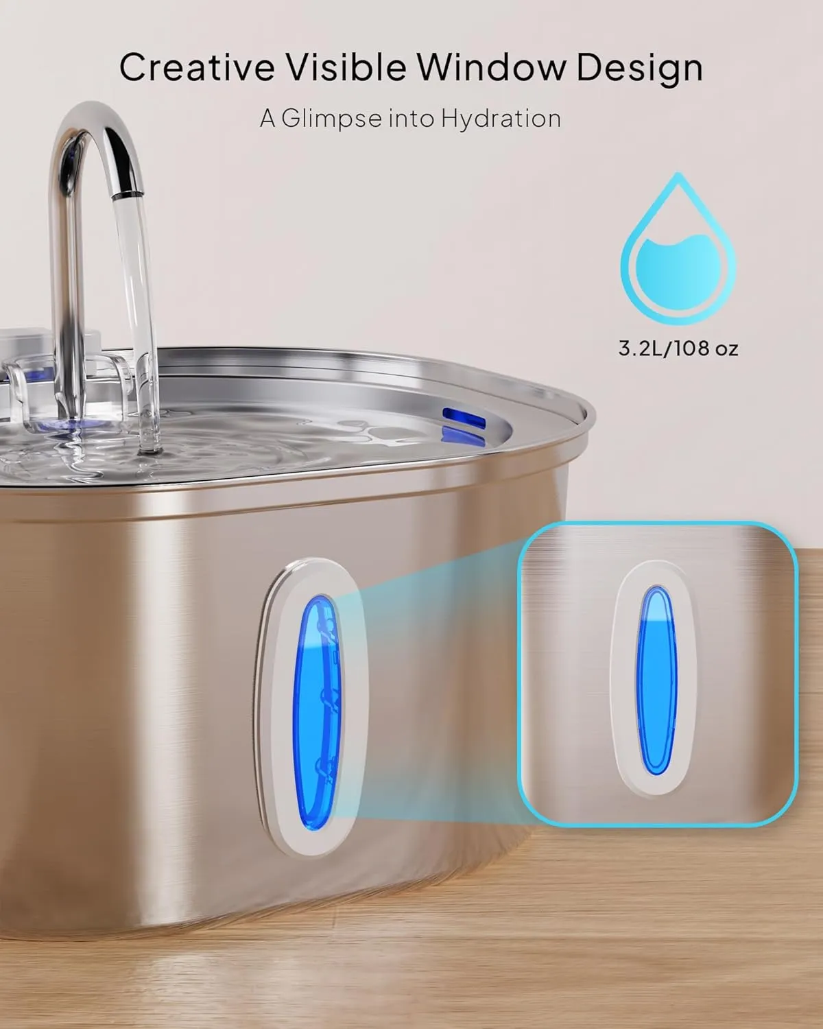 Cat Water Fountain - 3.2L/108oz Stainless Steel Pet Water Drinking Fountain for Cats Indoor, Dog Water Fountain with Water Level Window and 3 Filters   3 Sponges