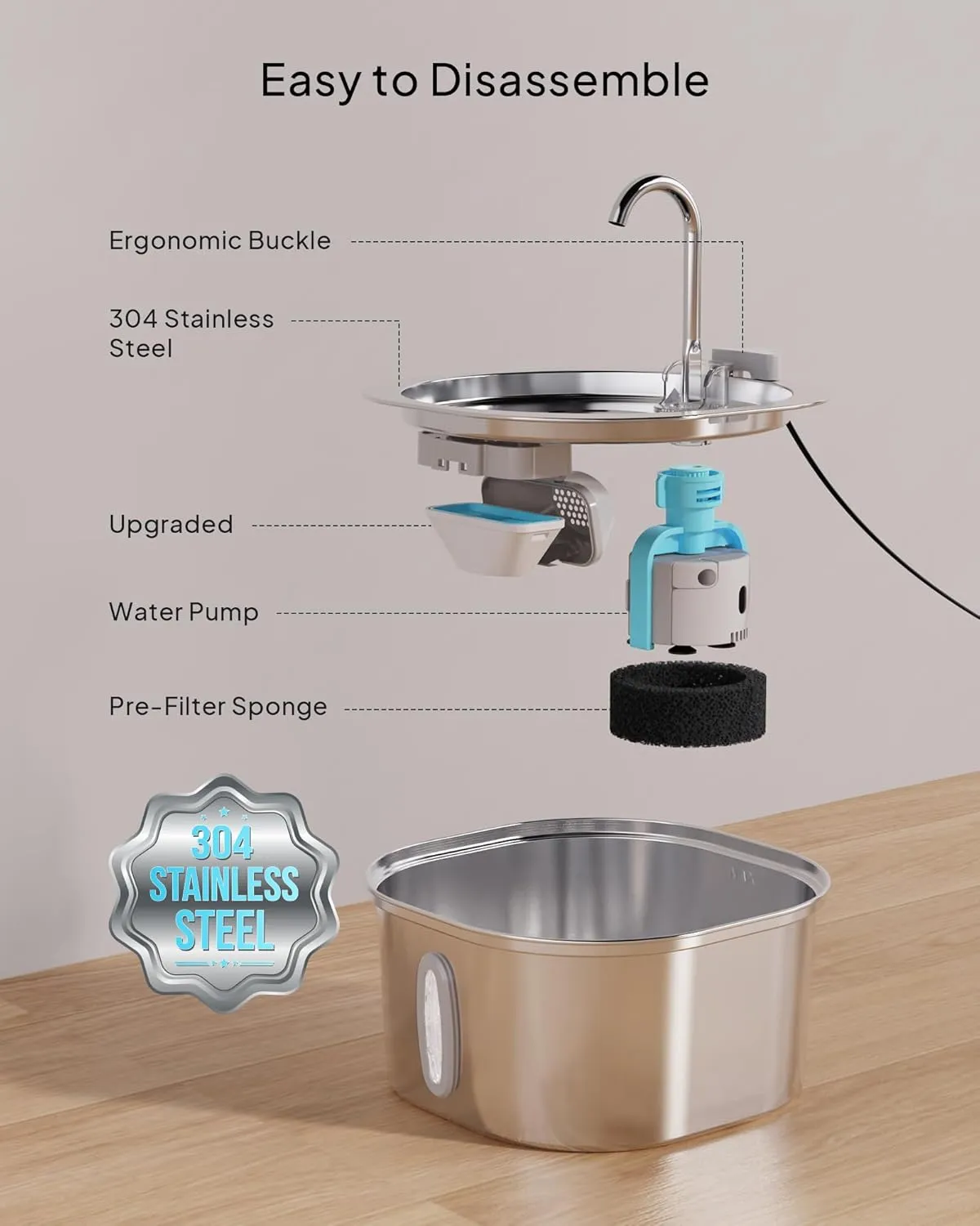 Cat Water Fountain - 3.2L/108oz Stainless Steel Pet Water Drinking Fountain for Cats Indoor, Dog Water Fountain with Water Level Window and 3 Filters   3 Sponges