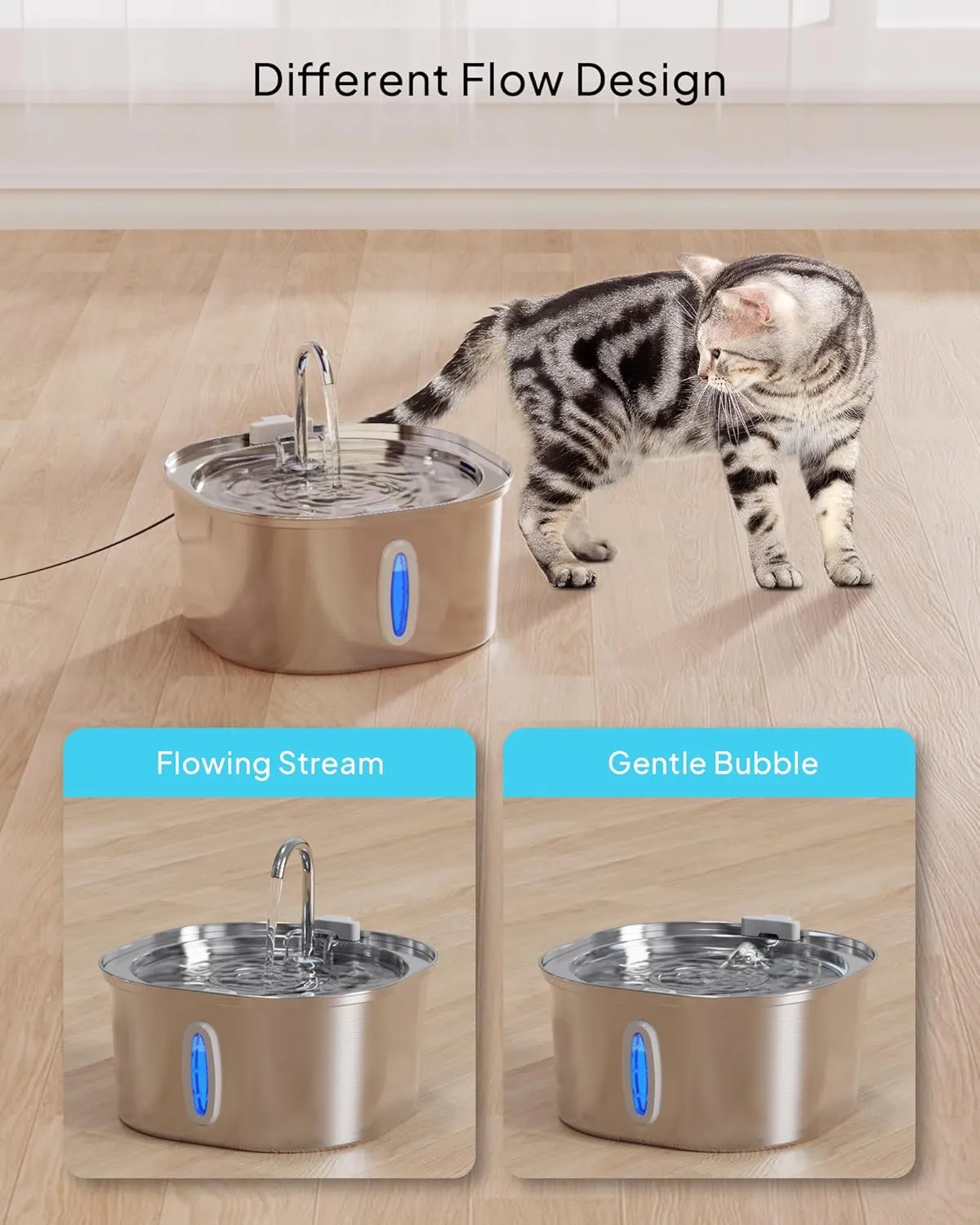 Cat Water Fountain - 3.2L/108oz Stainless Steel Pet Water Drinking Fountain for Cats Indoor, Dog Water Fountain with Water Level Window and 3 Filters   3 Sponges