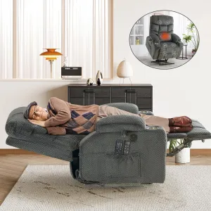 CDCASA Oversized Dual Motor Lay Flat Power Lift Recliner Chair with Massage, Heating, Textile Infinite Position Large Recliner Chairs for Big & Elderly People, Lumbar Pillow, USB & Type-C Ports, Grey