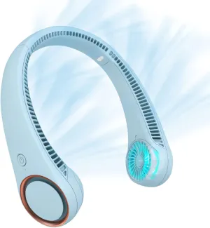CIVPOWER Neck Fan: Portable Personal Neck Cooling Rechargeable Bladeless Fan - Hands Free 3 Speed 4000 mAh Battery USB Operated Wearable Headphone Design - for Men Women Outdoor Indoor (Light Blue)