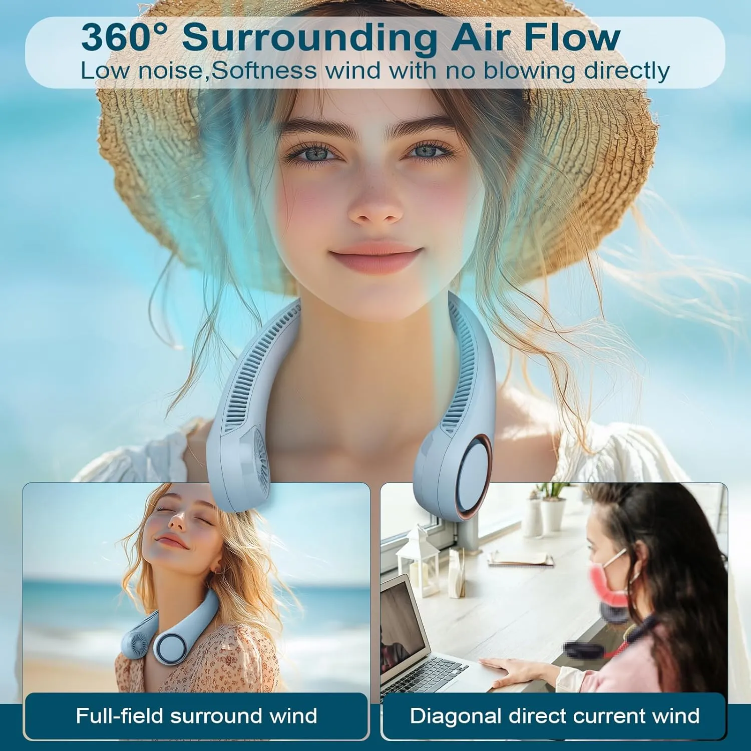 CIVPOWER Neck Fan: Portable Personal Neck Cooling Rechargeable Bladeless Fan - Hands Free 3 Speed 4000 mAh Battery USB Operated Wearable Headphone Design - for Men Women Outdoor Indoor (Light Blue)