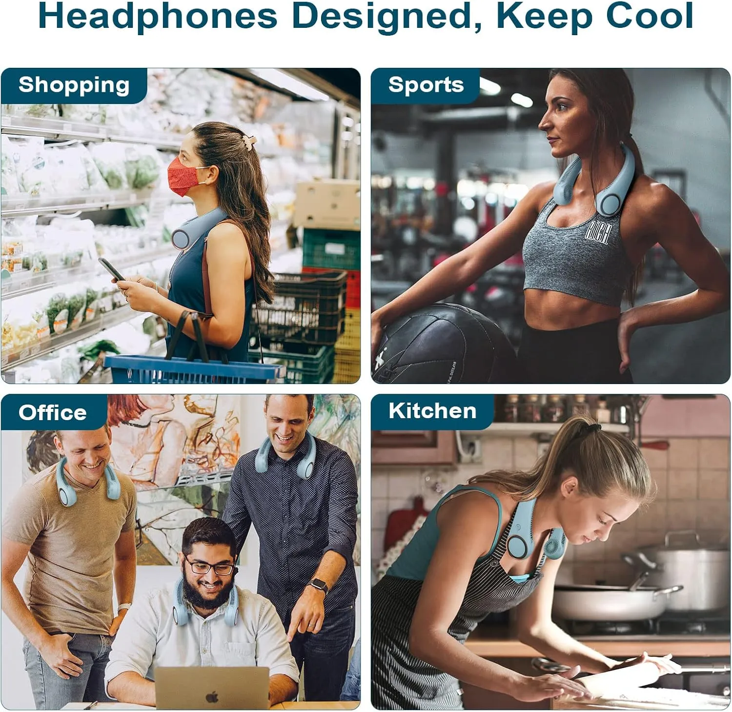 CIVPOWER Neck Fan: Portable Personal Neck Cooling Rechargeable Bladeless Fan - Hands Free 3 Speed 4000 mAh Battery USB Operated Wearable Headphone Design - for Men Women Outdoor Indoor (Light Blue)