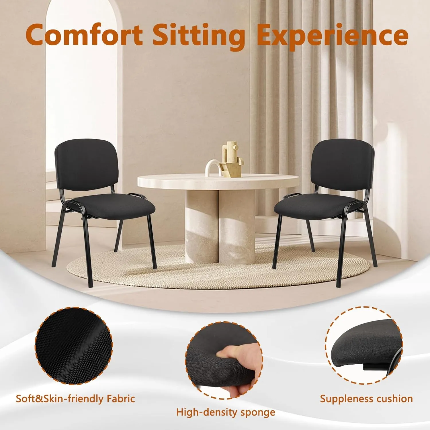 CLATINA Set of 5 Pack Stackable Waiting Room Chairs Fabric Black Reception Chair Metal with Thickened Seat Back Cushion for Waiting Conference Room Guest Stool (5 Pack)