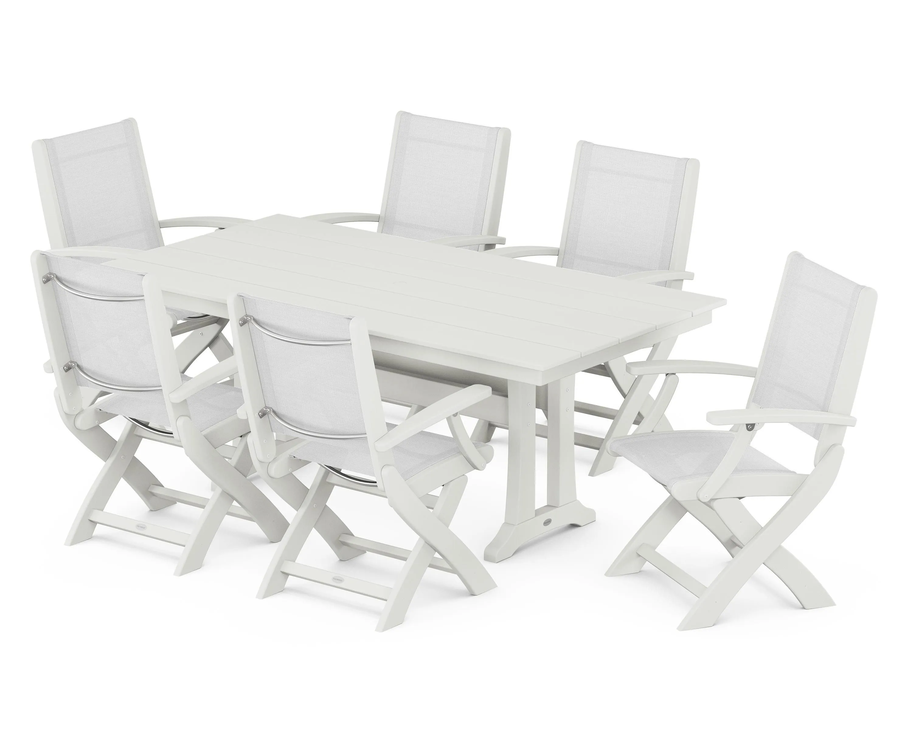 Coastal Folding Arm Chair 7-Piece Farmhouse Dining Set with Trestle Legs