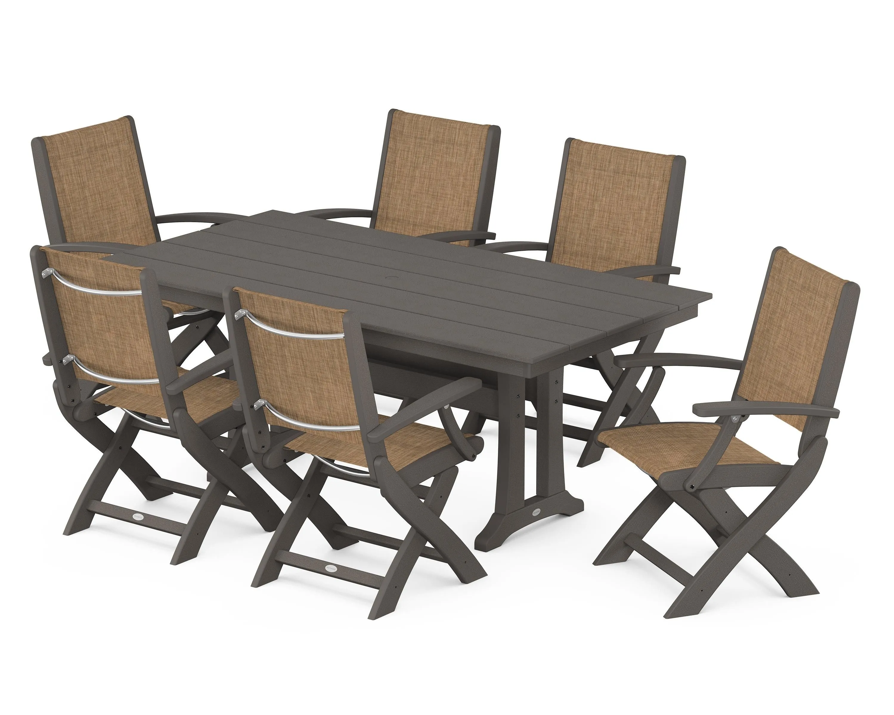 Coastal Folding Arm Chair 7-Piece Farmhouse Dining Set with Trestle Legs