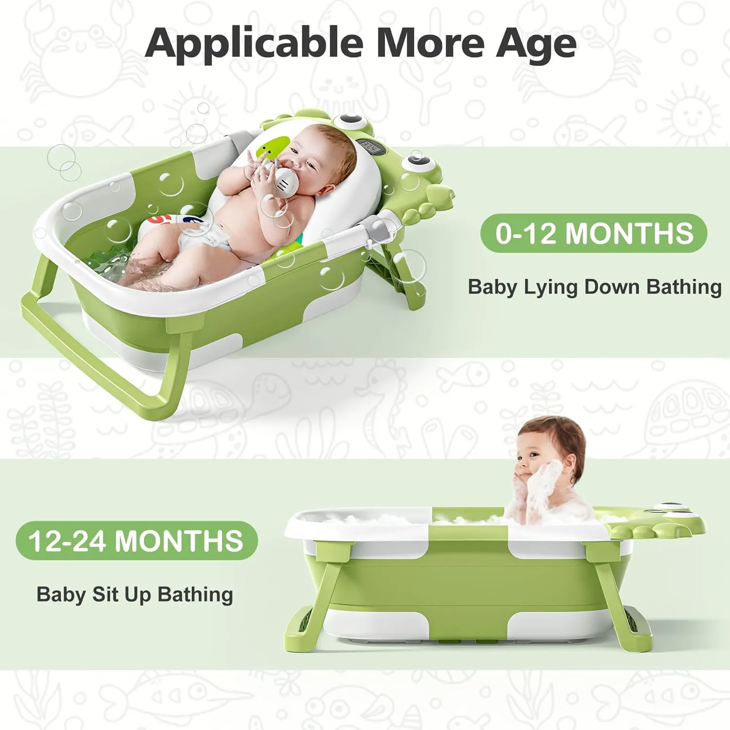 Collapsible Baby Bathtub for Newborns with Thermometer and Soft Floating Cushion Portable and Foldable Travel Baby Boy Bath Tub for Infants to Toddler 0-36 Month (Green)