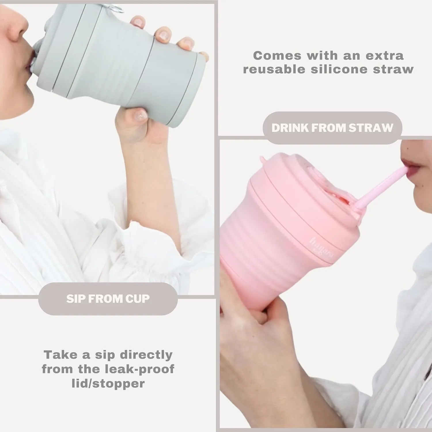 Collapsible Cup with Reusable Straw – 18 Oz (550 Ml), Portable Travel Mug, BPA-Free, Leak-Proof, Microwave & Dishwasher Safe, Multi-Purpose for Hot & Cold Drinks – Gray