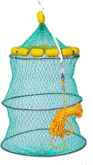 Collapsible Fish Basket, Floating Net Fish Keeper, 3-Ring Mesh Design with Rope, Green