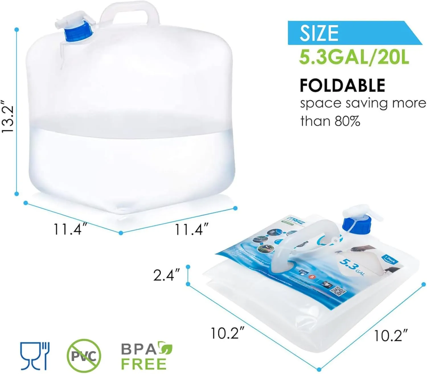 Collapsible Water Jug, 10 Packs 5.3 Gallon BPA Free Camping Water Container with Spigot, Portable Water Storage Carrier for Emergency Survival Hiking Backpacking Outdoors - Food Grade LDPE