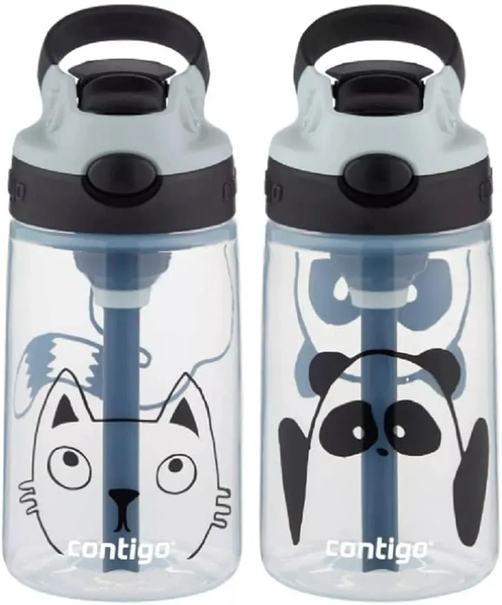Contigo Kids Water Bottle with Autospout Straw – Spill Proof, Easy-Clean Lid Design, 14 oz., Panda & Cat, 2-pack