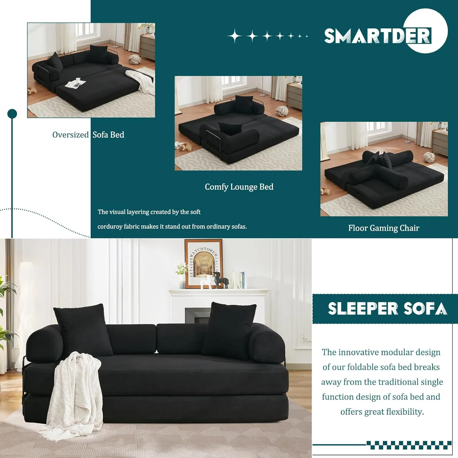 Convertible Folding Sofa Bed, Modular Floor Sofa with Removable Backrest, 3-Seater Fold Out Couch Bed with Pillows, King Size Futon Lazy Couch Corduroy Sleeper for Living Room, Dorm, Black