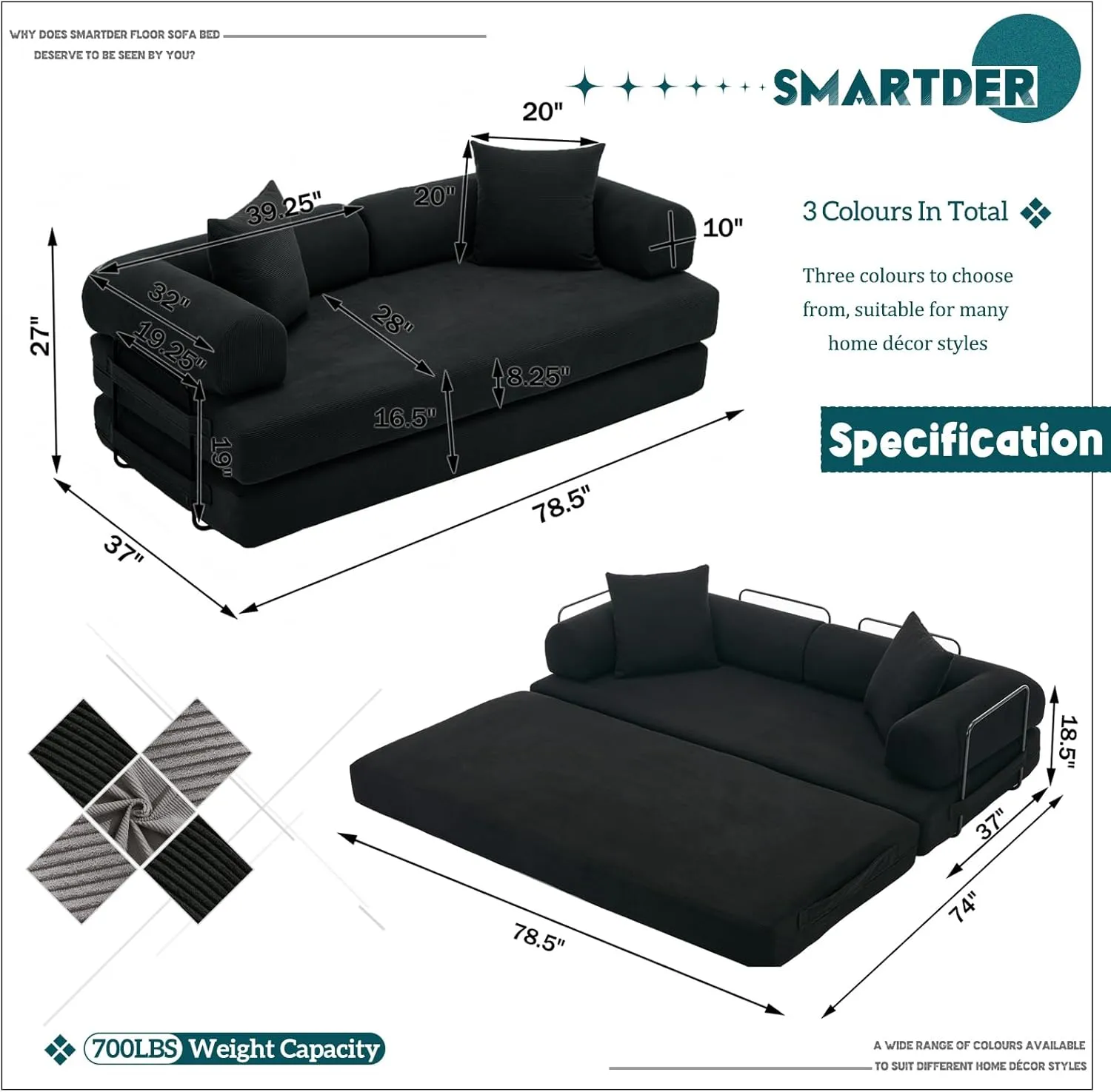 Convertible Folding Sofa Bed, Modular Floor Sofa with Removable Backrest, 3-Seater Fold Out Couch Bed with Pillows, King Size Futon Lazy Couch Corduroy Sleeper for Living Room, Dorm, Black