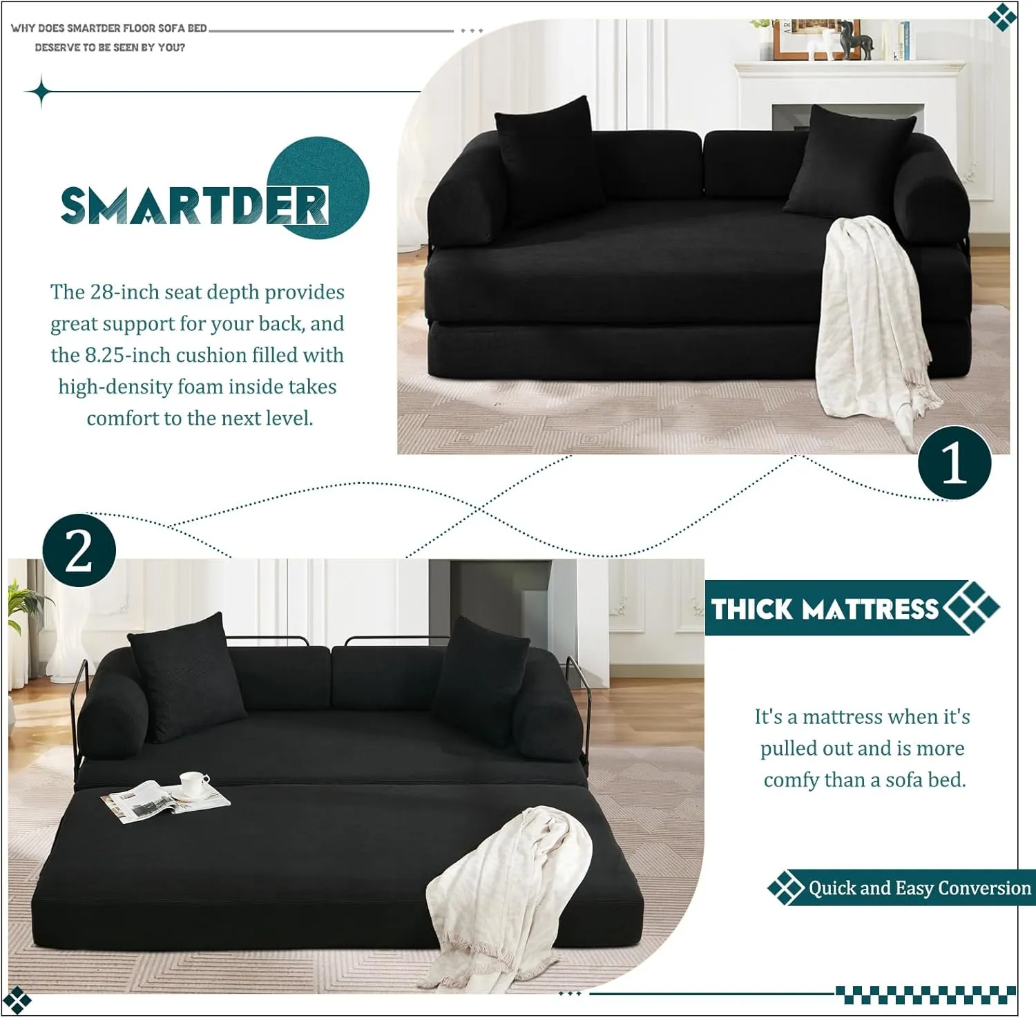 Convertible Folding Sofa Bed, Modular Floor Sofa with Removable Backrest, 3-Seater Fold Out Couch Bed with Pillows, King Size Futon Lazy Couch Corduroy Sleeper for Living Room, Dorm, Black