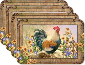 Counterart Country Charm Rooster 4 Pack Reversible Easy Care Flexible Plastic Placemats Made in the USA BPA Free PVC Free Easily Wipes Clean