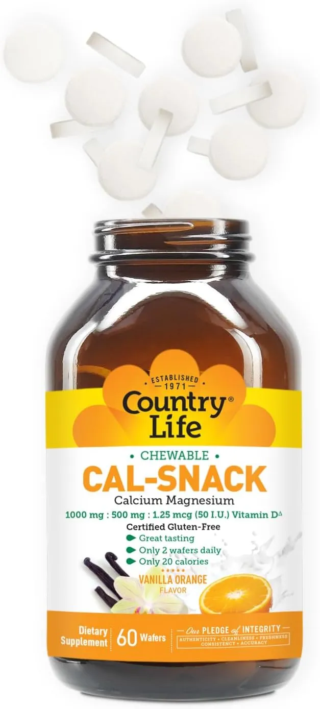 Country Life Cal-Snack, Chewable Calcium, Magnesium with Vitamin D, 1000mg/500mg/50 IU, Dairy-Free, Vanilla Orange Flavor, 60 Wafers, Certified Gluten Free, Certified Vegan