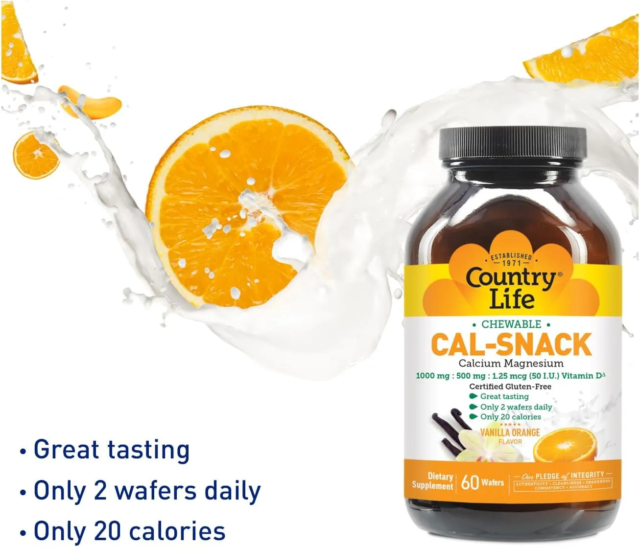 Country Life Cal-Snack, Chewable Calcium, Magnesium with Vitamin D, 1000mg/500mg/50 IU, Dairy-Free, Vanilla Orange Flavor, 60 Wafers, Certified Gluten Free, Certified Vegan
