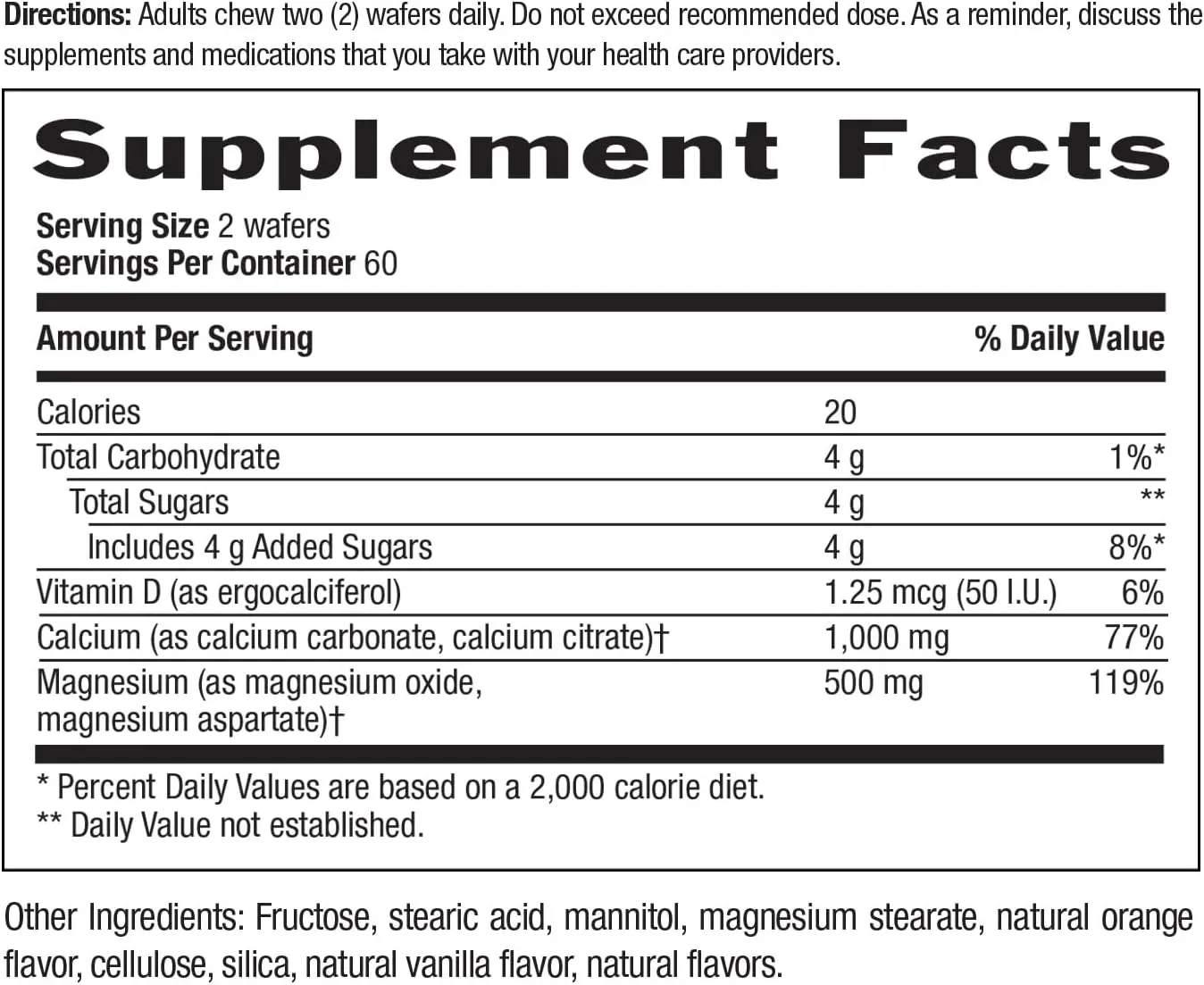 Country Life Cal-Snack, Chewable Calcium, Magnesium with Vitamin D, 1000mg/500mg/50 IU, Dairy-Free, Vanilla Orange Flavor, 60 Wafers, Certified Gluten Free, Certified Vegan